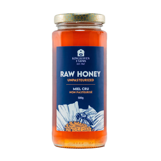 Jar of Kinghaven Farms raw, classic liquid honey